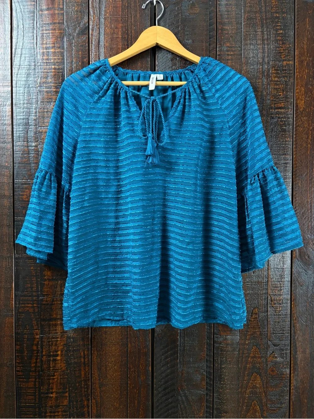 Kensie Teal Striped Tassel Tie Bell Sleeve Top Small